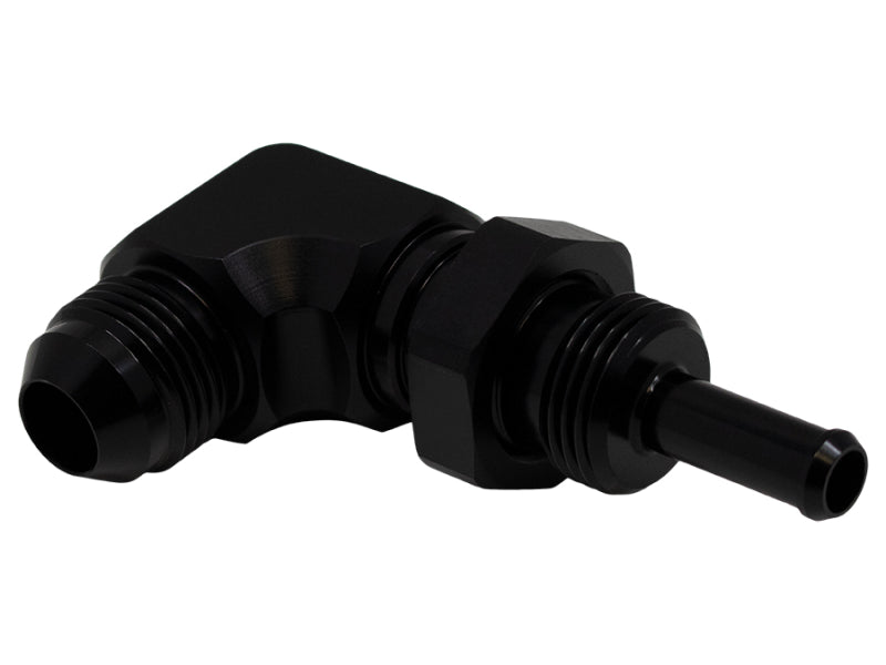 DeatschWerks 8AN Male Flare to 5/16in Male Barb Bulkhead Adapter 90-Degree - Anodized Matte Black