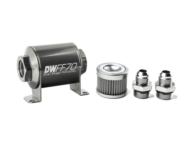 DeatschWerks Stainless Steel 8AN 10 Micron Universal Inline Fuel Filter Housing Kit (70mm)