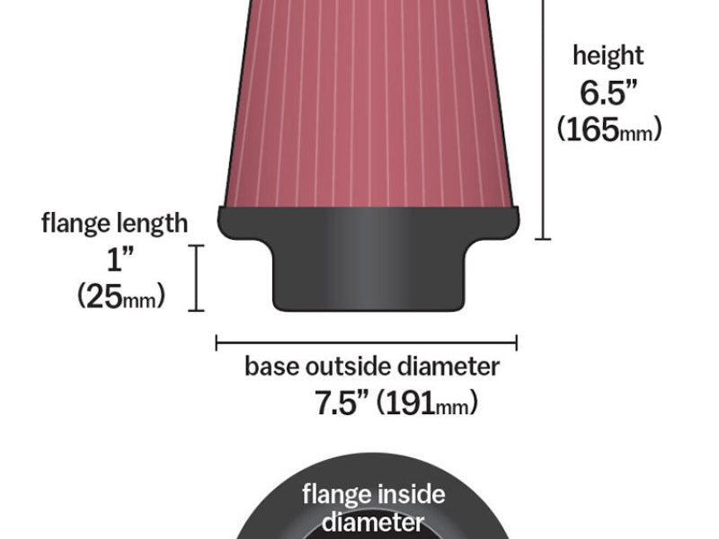 K&N Round Tapered Universal Air Filter 6in Flange ID x 7.5in Base OD x 5in Top OD x 6.5in Height