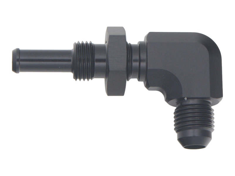 DeatschWerks 6AN Male Flare to 5/16in Male Barb Bulkhead Adapter 90-Degree - Anodized Matte Black
